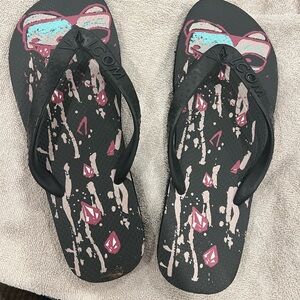 Volcom Black and Pink Graphic Flip Flops